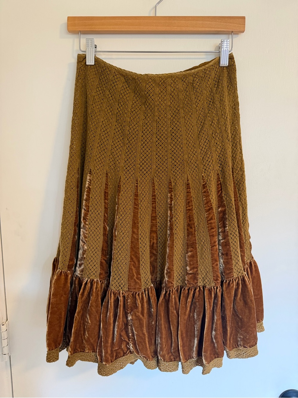 Free People Olive Brown Velvet-Panel Midi Skirt